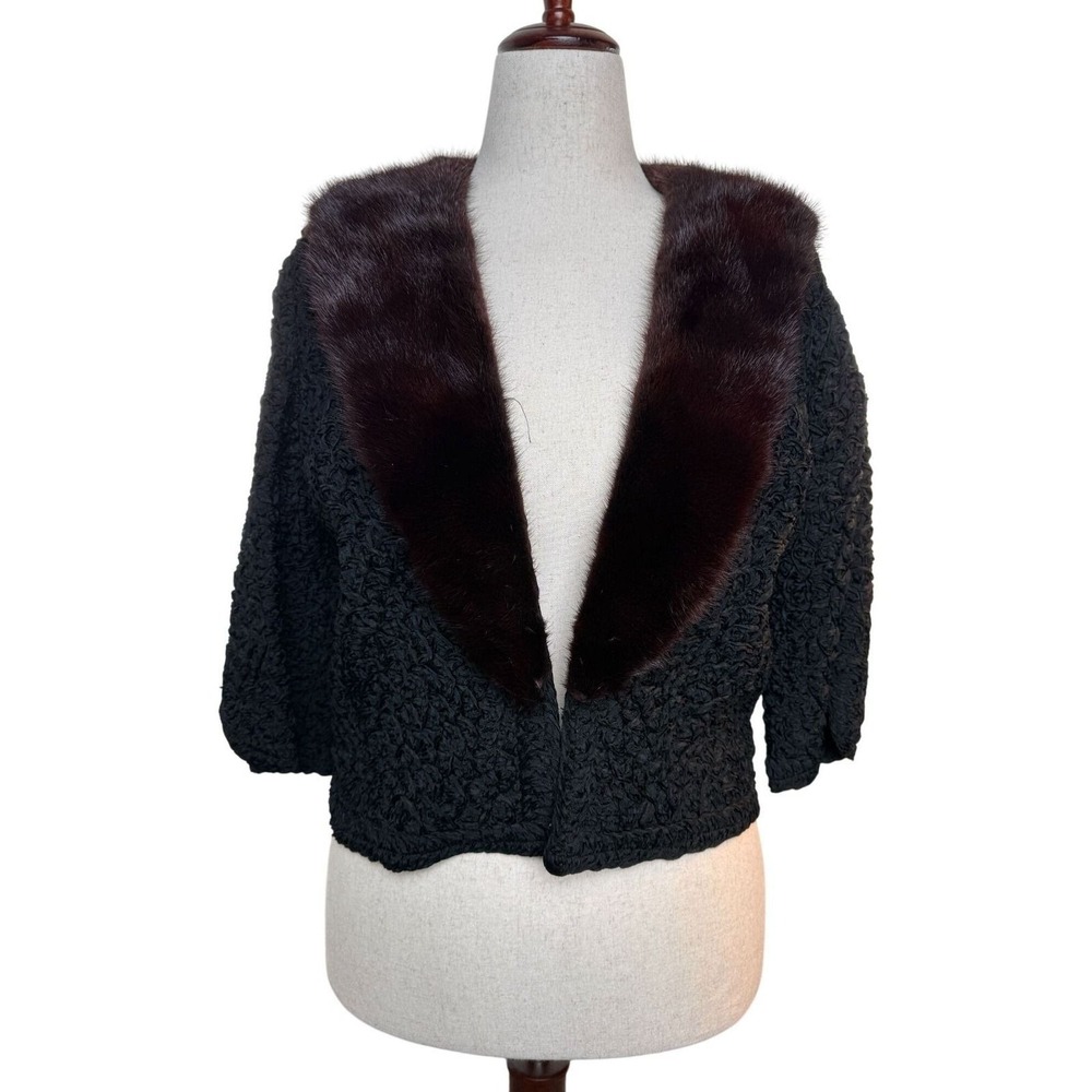 Vintage 50's/60's Black Bouclé Cropped Jacket Brown Mink Fur Collar Small Medium